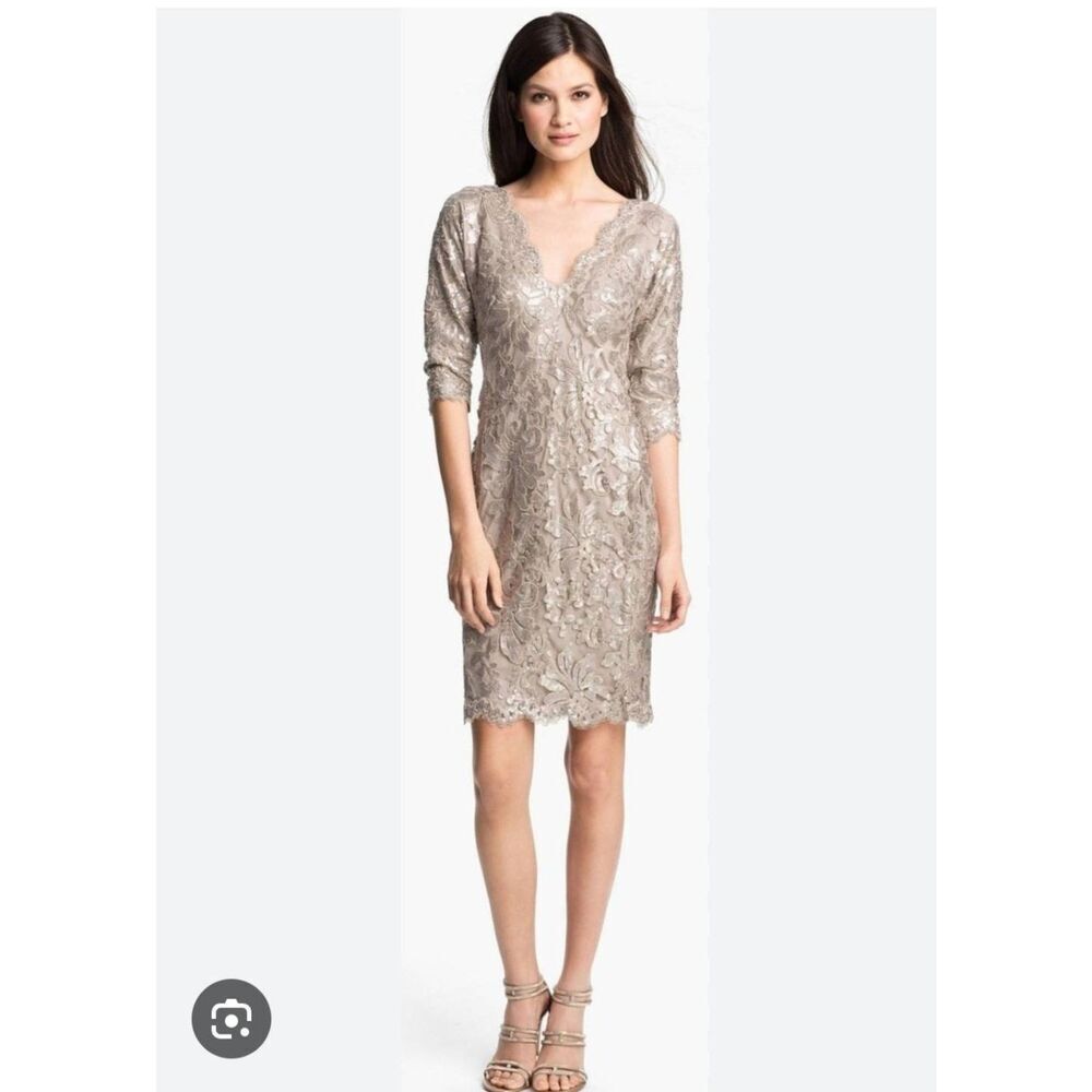 Tadashi Shoji Embroidered Sequin Lace Sand Beige Sheath Cocktail Dress Size 18‎